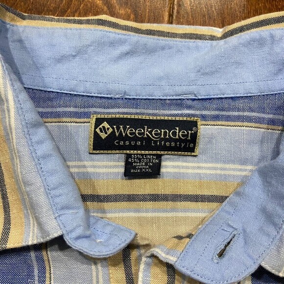 Weekender Vintage Linen Blend Striped Blue Tan Button Down Shirt Men's Size XXL - Picture 7 of 7